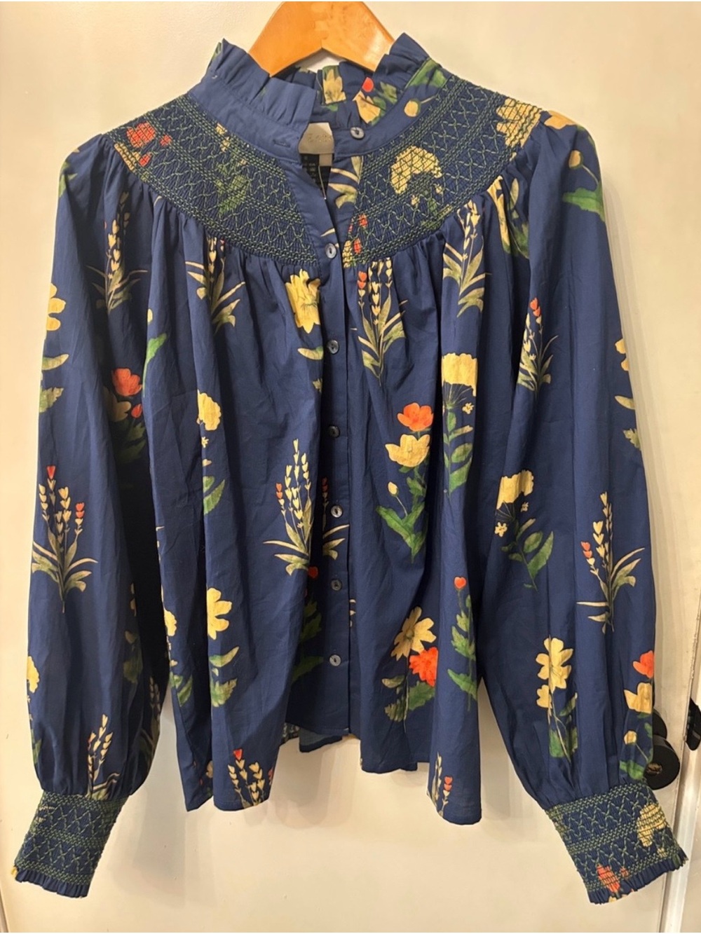 ENTRO Floral Smocked Yoke Navy Blouse - Women's Top NWT